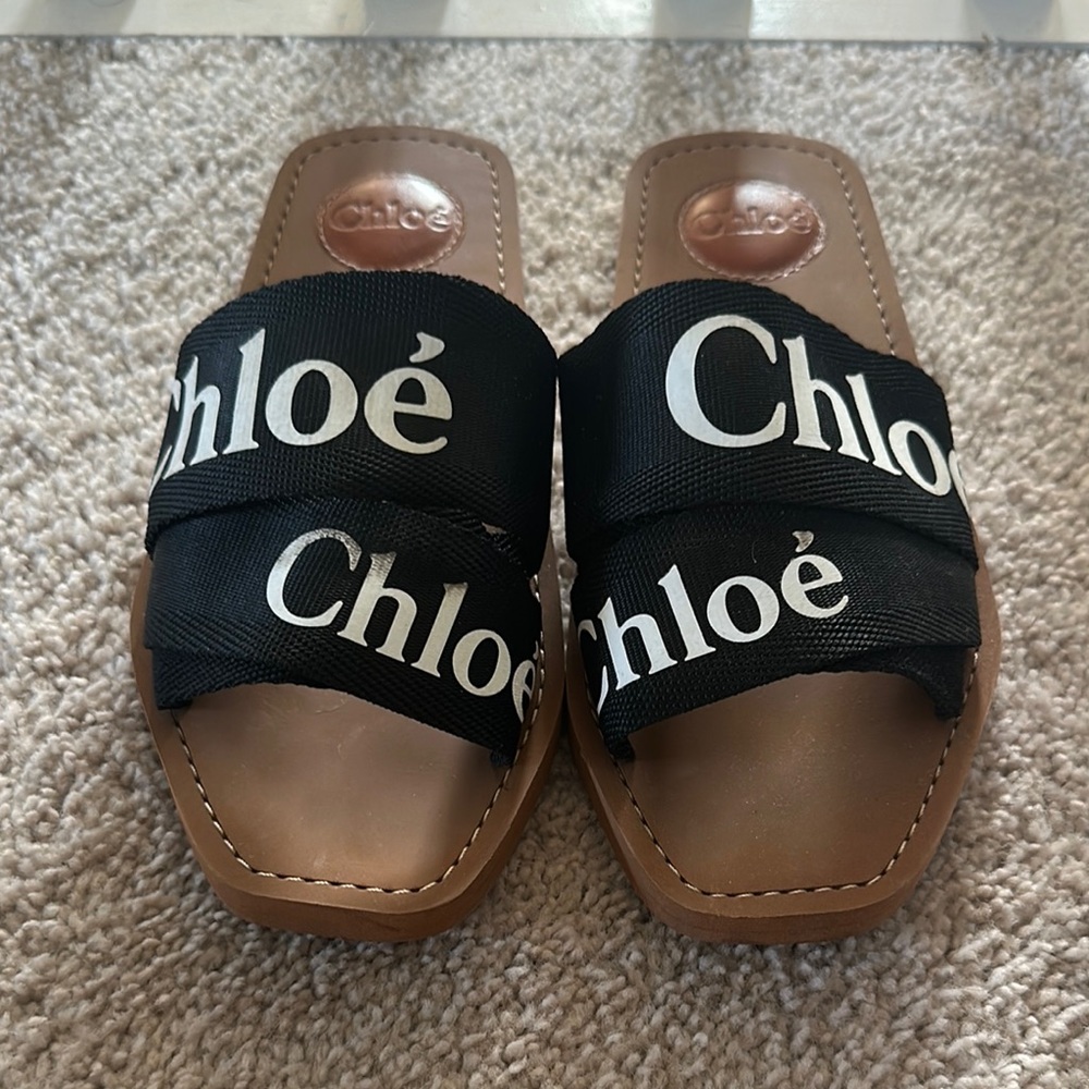 Chloe Black and Tan Slide Sandals